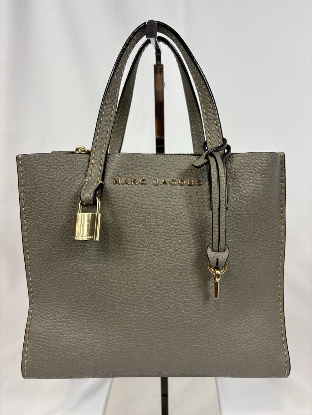 Marc Jacobs Leather Top Handle Tote Bag Square Diagonal Divider Zipper Pocket